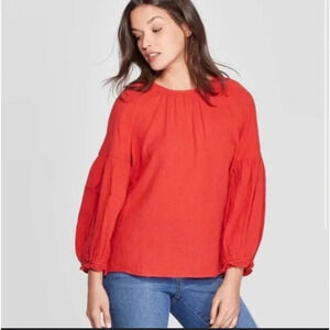 Universal Thread Pleaded Gauze Red Bell Sleeve Top M